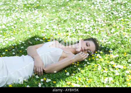 Junge Frau liegend auf Wiese, Blumen, zu berühren, wegschauen Stockfoto