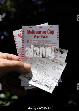 Melbourne Cup Pferderennen Wetten Registerkarten und Wettscheine Australien Stockfoto