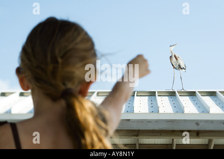 Kleine Mädchen zeigen bei Heron, Rückansicht Stockfoto