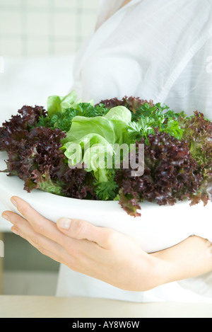 Frau, die große Schüssel Salat, beschnitten Ansicht Stockfoto