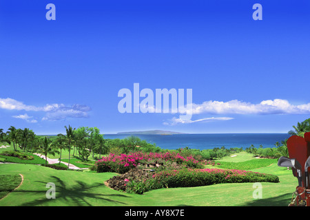 Wailea Gold Course Maui Hawaii Golf Bäume Wasser Teich Bunker grüne Fahne Fahnenstange Golf Loch Aktivität Stockfoto