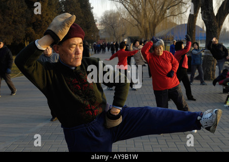 Menschen trainieren Sie am Morgen im Beihai-Park in Peking, China. 17. Februar 2008 Stockfoto