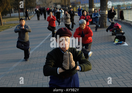 Menschen trainieren Sie am Morgen im Beihai-Park in Peking, China. 17. Februar 2008 Stockfoto