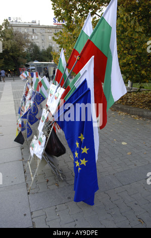 EU, Eintrag von Bulgarien, bulgarische Flagge, EU-Flagge Stockfoto