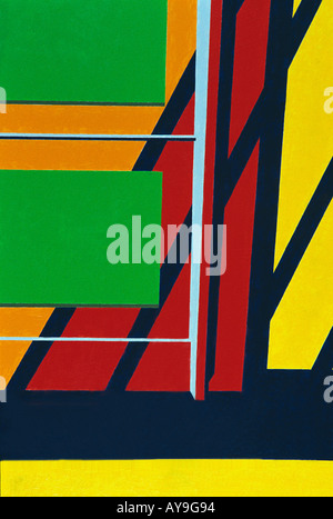 Art Abstract close up of painting in primary colors of red, blue, green, yellow lines and squares Stockfoto