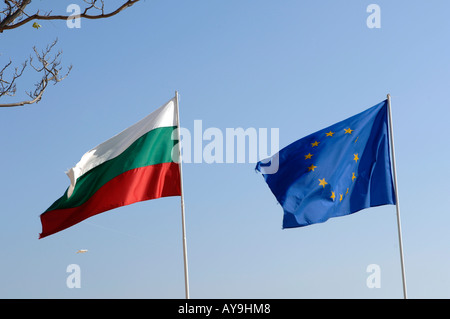 EU, Eintrag von Bulgarien, bulgarische Flagge, EU-Flagge Stockfoto