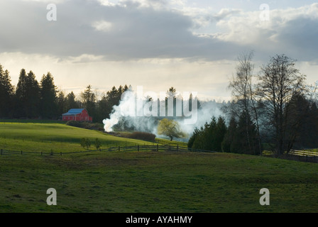 Rauch steigt aus einem fernen Buschfeuer Haufen auf einem ländlichen Hof-Grundstück Stockfoto