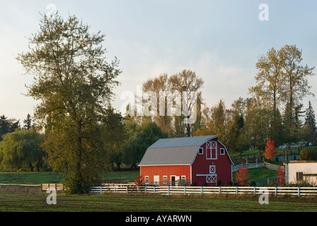 Eine rote Scheune auf einem kleinen ländlichen Bauernhof Stockfoto