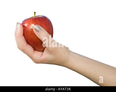 Frau mit einem roten Apfel isoliert auf weißem Hintergrund. Konzept für Eve. Stockfoto