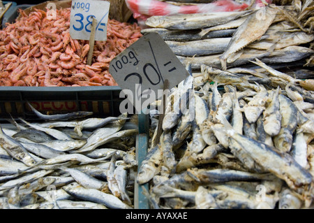 Getrockneten und frischen Fisch und Garnelen zum Verkauf auf dem Markt in Nuwara Eliya, in der Nähe von Kandy, Sri Lanka. Stockfoto