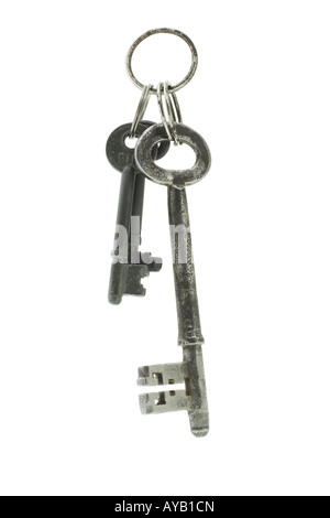 Verschiedene Größen von alten Schlüssel in der Luft auf weißem Hintergrund zu schweben Stockfoto