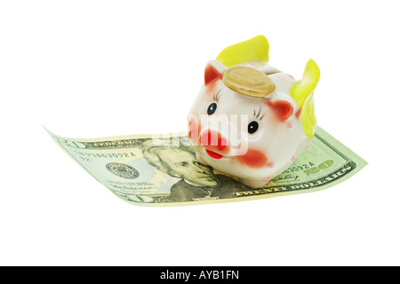 Fliegen Sparschwein Reiten auf 20 US-Dollar-note Stockfoto