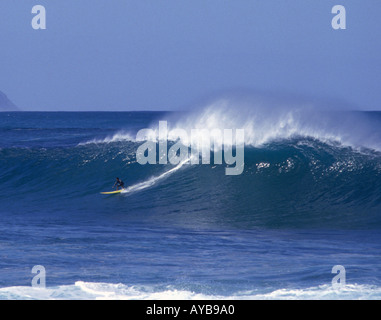 Einsamer Surfer auf fünfzehn Fuß Riesenwelle mit Offshore-Wind-weiße Gischt aus der Spitze am Waimea Bay North Shore Oahu Hawaii Stockfoto