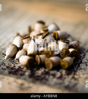 Eine Sammlung von Mohn Köpfe mit Samen verstreut auf einer Holzbank. Stockfoto
