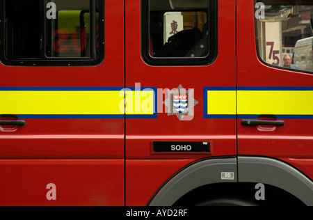 Close up of the side of red fire engine from the Soho fire station Stockfoto