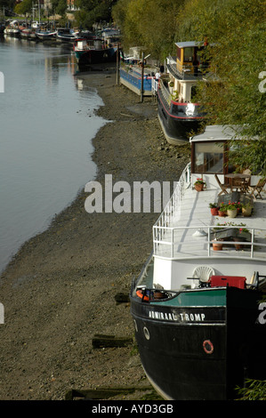 Bootshäuser an der Themse neben Kew Bridge Chiswick London England Stockfoto