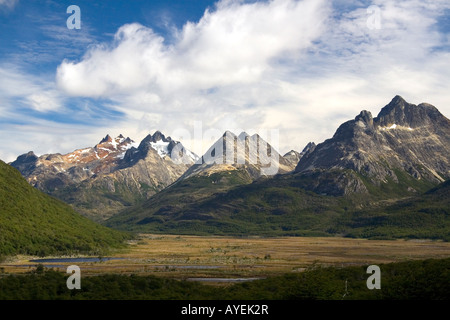 Torfmoor unter kriegerischen Gebirges in der Nähe von Ushuaia auf der Insel von Tierra Del Fuego Argentinien Stockfoto