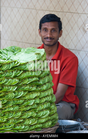 Mann, Verkauf von Betel verlässt in einem Gemüsemarkt in Madurai Südindien Stockfoto