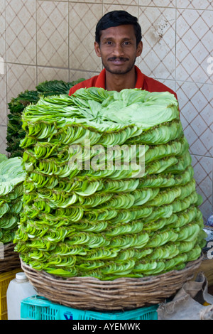 Mann, Verkauf von Betel verlässt in einem Gemüsemarkt in Madurai Südindien Stockfoto