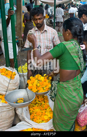 Messung der Blumen auf einer Skala in der Blumenmarkt in Madurai Südindien Stockfoto