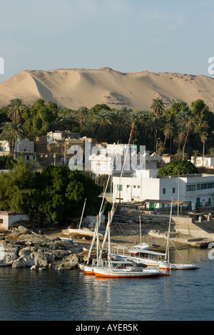 Feluken vor dem nubischen Dorf Koti Elephantine Island Aswan oder Assuan-Nil Tal südlichen Oberägypten Stockfoto