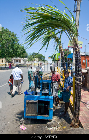 Straßenhändler verkaufen frisch gepressten Zuckerrohr in Kaniyakumari Süd-Indien Stockfoto