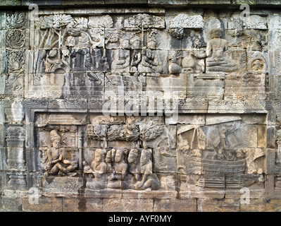 Stein geschnitzt Relief, Borobudur, Java, Indonesien Stockfoto
