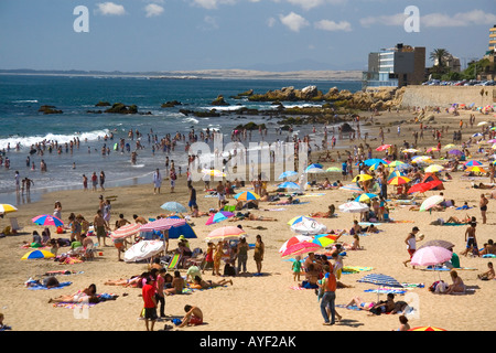 Überfüllten Strandszene am Concon auf den Pazifik in Chile Stockfoto