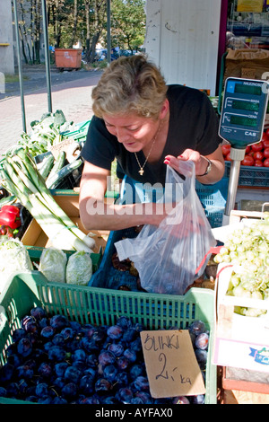 Straße Obst- und Gemüsehändler eine Bestellung von Plomben in Plastikbeutel verpacken. Lodz Polen Stockfoto