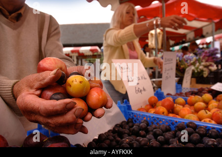 EIN STANDBESITZER ZEIGT SEINE FRISCHE PRODUKTE AUF DEM BAUERNMARKT IN STROUD GLOUCESTERSHIRE UK Stockfoto