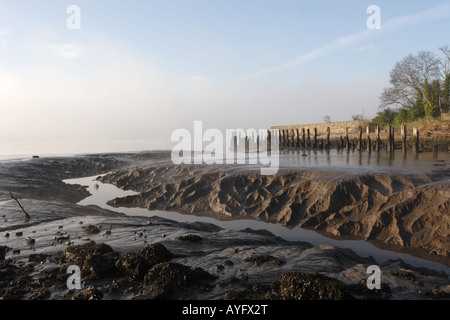 Die Ruinen von Kennet Pow, löscht Kennetpans an der Mündung der Forth als einen frühen Morgennebel einfrieren. Stockfoto