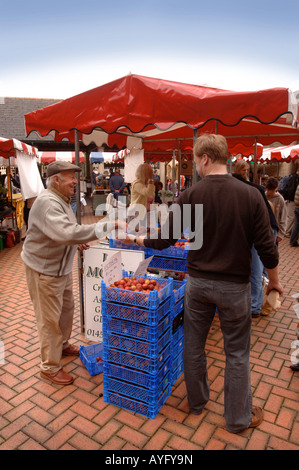 EIN STANDBESITZER VERKAUFT EINIGE FRISCHES OBST-PRODUKTE AUF DEM BAUERNMARKT IN STROUD GLOUCESTERSHIRE UK Stockfoto