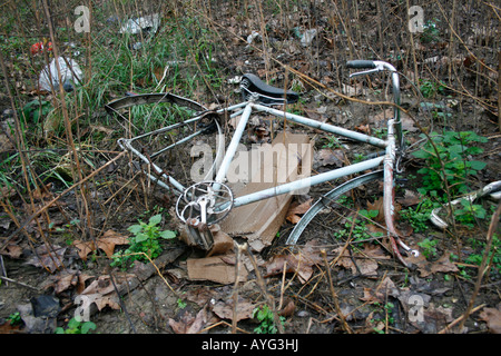 beschädigte Fahrradrahmen im Feld Stockfoto