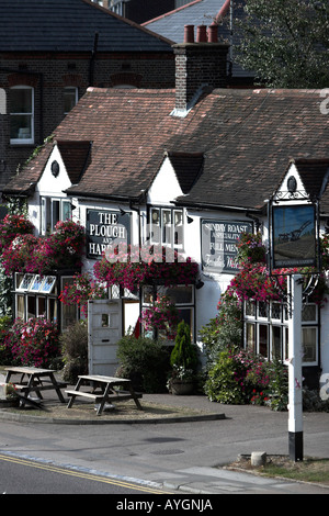 Traditionelles englisches öffentliches Haus mit hängenden Blumenkörben The Plough Und Harrow Southdown Harpenden Hertfordshire, Großbritannien Stockfoto