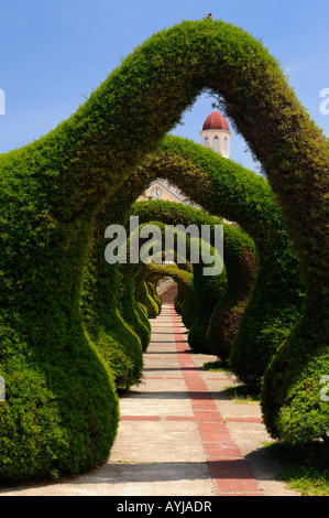 Topiary Garten Torbögen und Pfad in Zarcero Costa Rica mit Blick auf San Rafael katholische Kirche Stockfoto