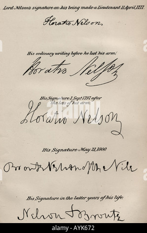Lord Nelson Signaturen. Horatio Nelson, Lord Nelson, Viscount Nelson, 1758 - 1805. British Naval Commander. Stockfoto