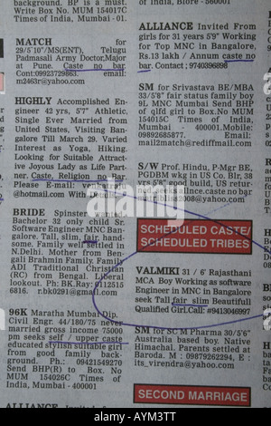 Ehelichen Teil einer indischen Zeitungswerbung für Bräute bestimmter Kasten oder Stämme und heller Haut, Indien Stockfoto