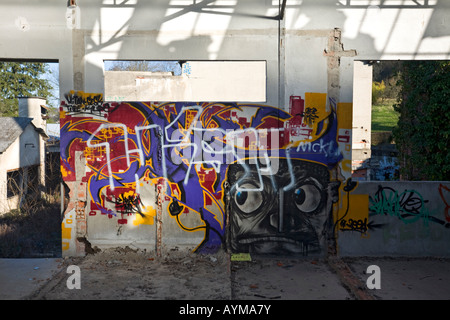 Graffiti in einer Brownfield-Website-Fabrik. Graffiti Dans Une Usine Désaffectée. Stockfoto