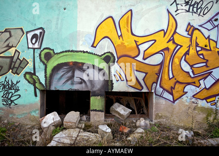 Graffiti in einer Brownfield-Website-Fabrik. Graffiti Dans Une Usine Désaffectée. Stockfoto