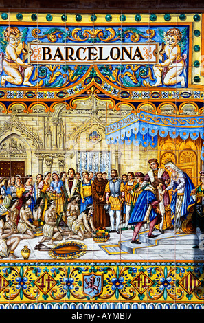 Gekachelte Panel Darstellung Barcelona auf einer Wand in Plaza de Espana, Sevilla, Spanien Stockfoto
