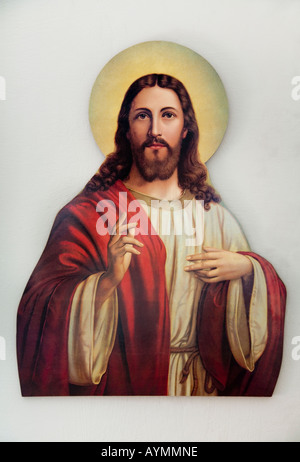 Jesus Christus. Segen Geste. Holzwand Abbildung. Haus innen. Griechenland Stockfoto