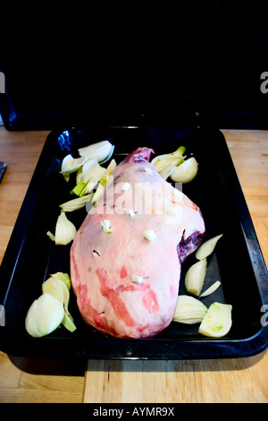 Ungekocht Lammkeule mit Knoblauch und Zwiebeln in einen Bräter Stockfoto