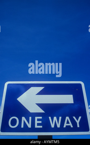 Nahaufnahme von blauen und weißen Roadsign unter blauem Himmel trübe mit Pfeil nach links zeigt und erklärt eine Möglichkeit Stockfoto