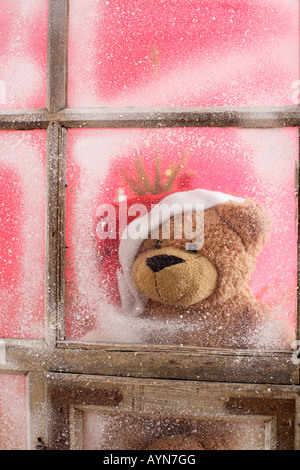 Teddybär Weihnachtsmann Hut Blick aus einem Fenster Stockfoto