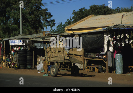 Esel und Karre auf eine typische Straße der Hauptstadt Bamako, Mali, Westafrika Stockfoto