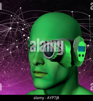 konzeptionelle futuristische 3D Computer generierte männlichen Roboterkopf bionisches Auge Gerät ausgestattet Stockfoto