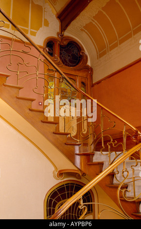 Belgien-Brabant-Brüssel-Jugendstil-Treppenhaus und Dekoration im Inneren des Horta-Museums Stockfoto