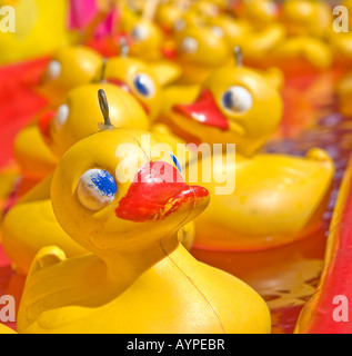 viele gelbe Plastikenten schwimmen entlang Stockfoto