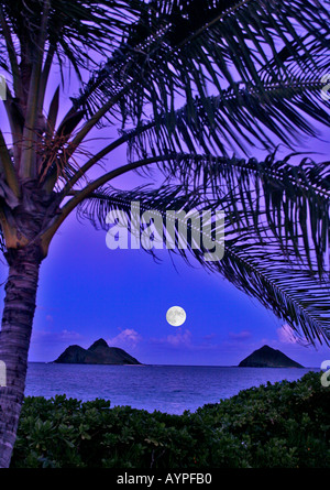 Vollmond über Bergen über Mokulua Inseln Stockfoto