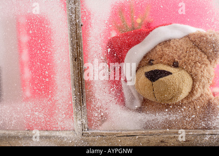 Teddybär Weihnachtsmann Hut Blick aus einem Fenster Stockfoto